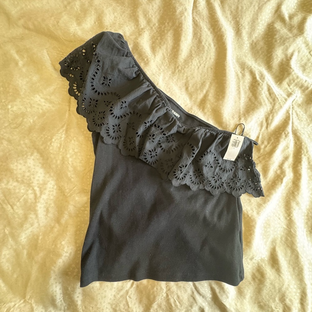 Old Navy Black Asymmetrical Ruffled Blouse
